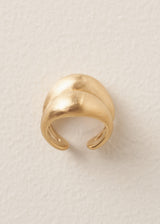 Bold, eye-catching ring with a chunky double-band design and brushed gold finish, on a beige background