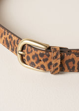 Close up of leather leopard print belt with a brushed gold buckle on a beige background