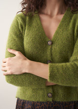 Woman wearing leopard print skirt and bright green alpaca wool blend cardigan