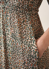 Woman wearing leopard print wrap midi dress and sandals