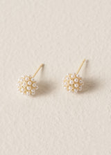 Pair of gold earrings with pearl clusters on a beige background