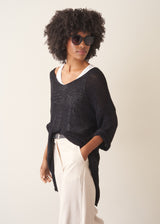 Woman wearing oversized black sweater with off white jeans and black sandals.