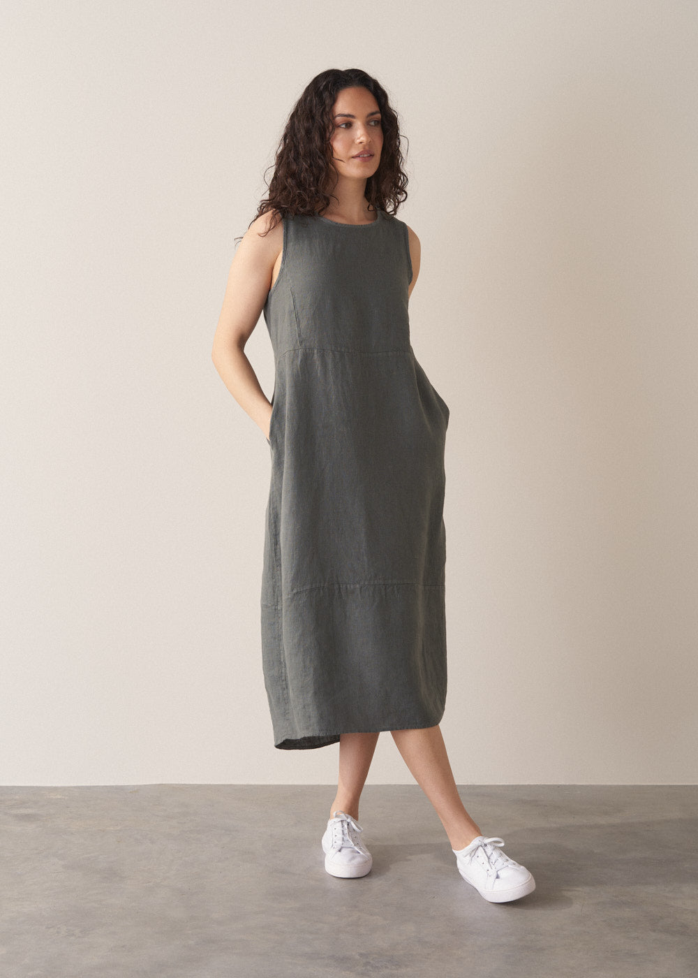 Pearl Linen Sleeveless Dress - Khaki