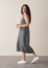 Woman wearing khaki linen tulip dress