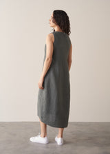 Woman wearing khaki linen tulip dress