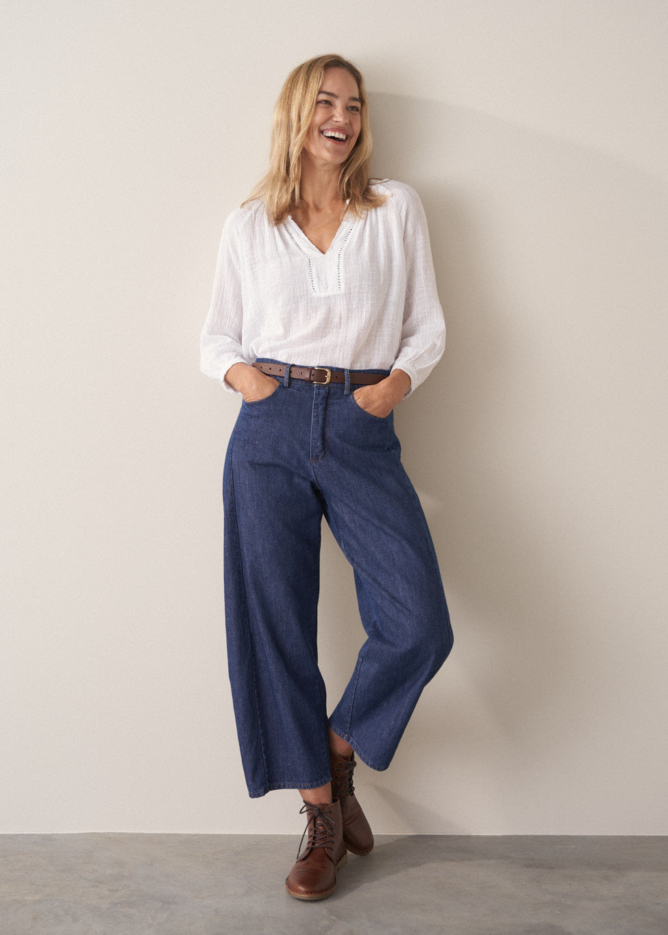 Sabina Barrel Leg Denim Seamed Trouser - Blue | Bottoms – Busby & Fox