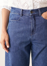Close-up of a person wearing blue denim jeans with a white eyelet blouse, showing the front waistband, button, belt loops, front pockets, and hands.