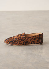 Pair of leopard print loafers on a grey surface