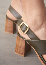 Khaki green leather sandal with wooden heel and buckle detail