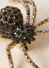 Close up of crystal adorned spider brooch on a beige background