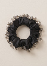 Black satin hair scrunchie with bead jewel detail