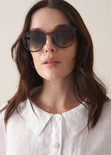 Woman wearing dark sunglasses and a white shirt against a plain background