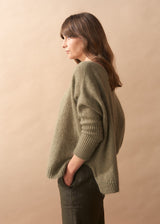 Woman wearing a khaki green wool blend sweater and pants against a beige background