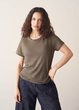 Woman wearing khaki stripe t-shirt and blue wide leg jeans