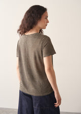 Woman wearing khaki stripe t-shirt and blue wide leg jeans