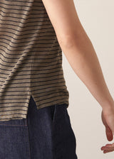 Woman wearing khaki stripe t-shirt and blue wide leg jeans
