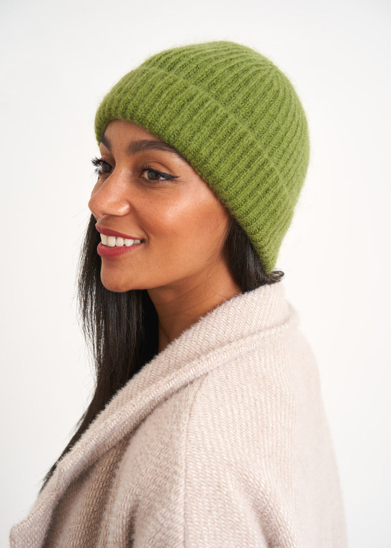 Olive green ribbed beanie hat
