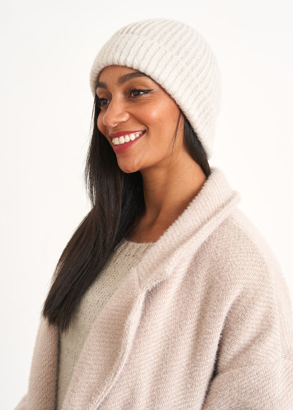 Pale oatmeal ribbed beanie hat