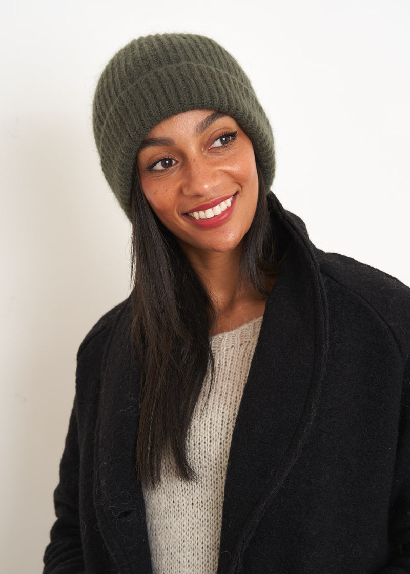 Khaki ribbed beanie hat