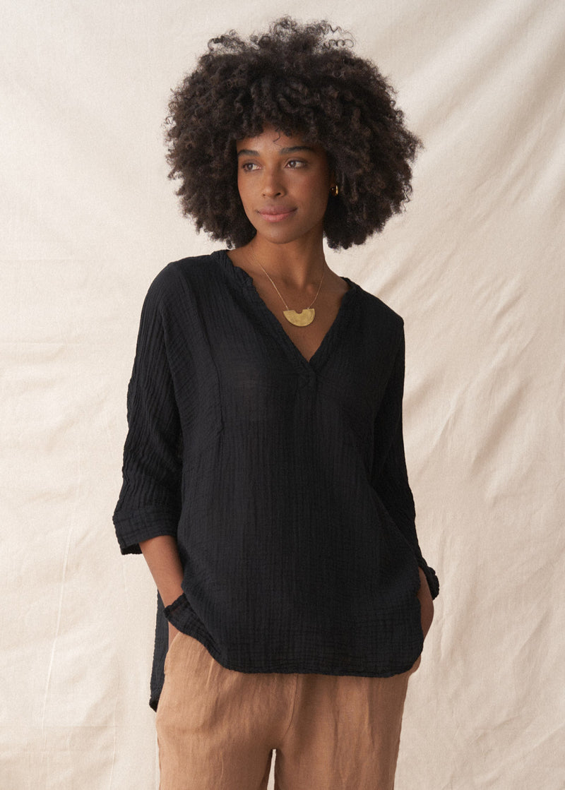 Black linen smock top