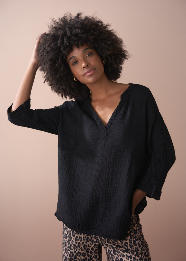 Black linen smock top