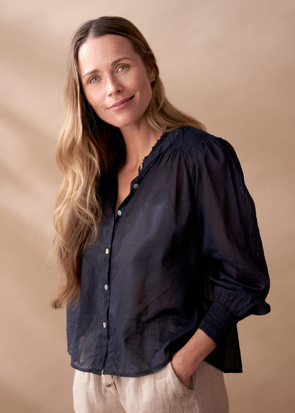 Light cotton navy blouse with ruched cuffs