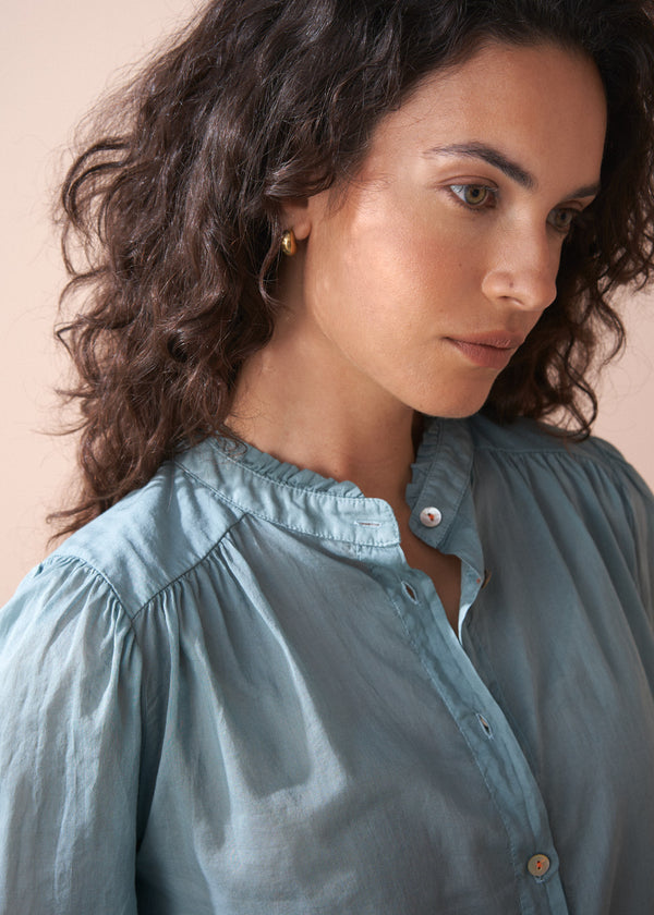 Light sage aqua cotton blouse with shirred cuffs