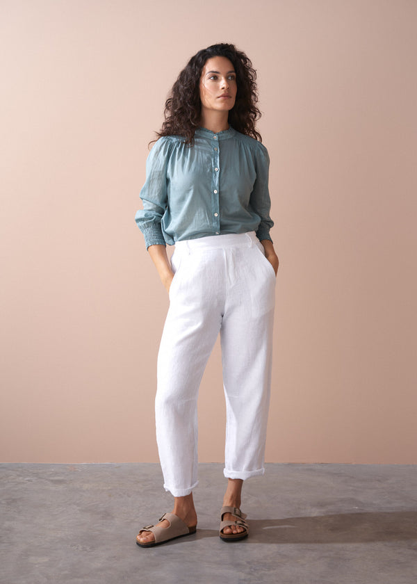 Light sage aqua cotton blouse with shirred cuffs
