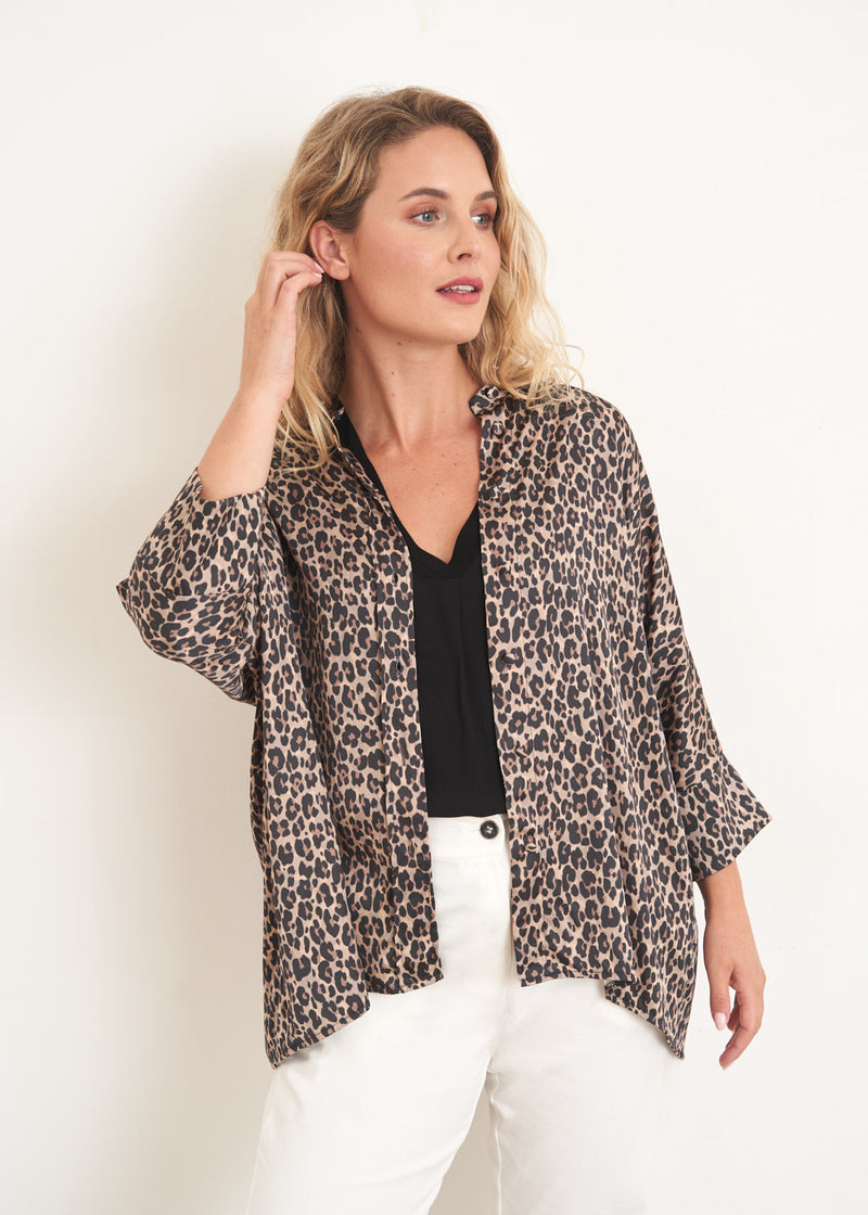 Leopard print satin button up shirt