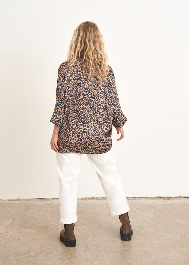 Leopard print satin button up shirt