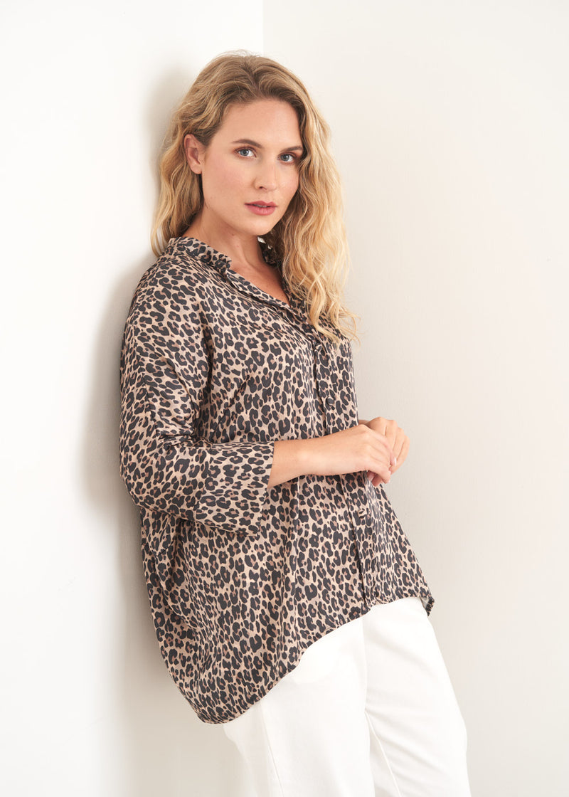 Leopard print satin button up shirt