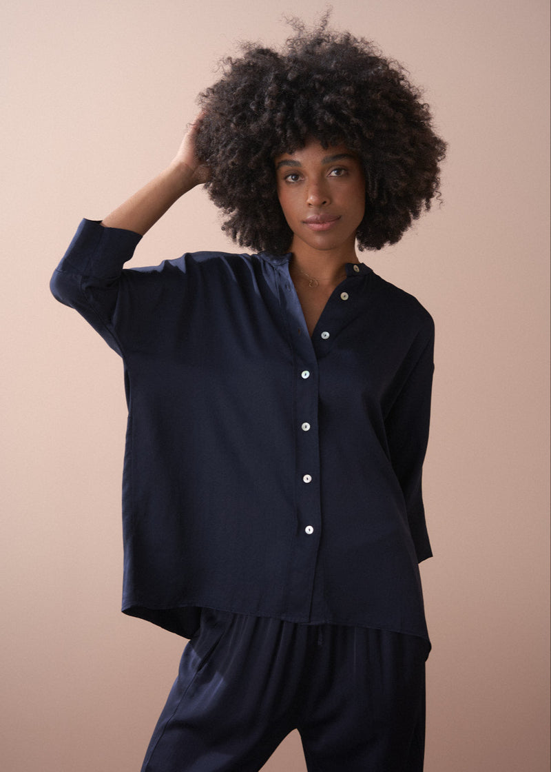 Blue satin button up shirt
