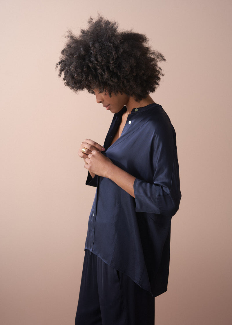 Blue satin button up shirt