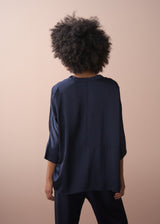 Blue satin button up shirt