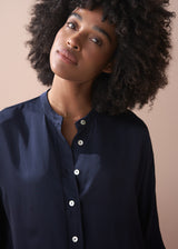 Blue satin button up shirt