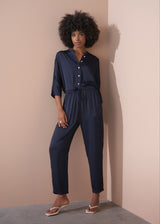 Blue satin button up shirt