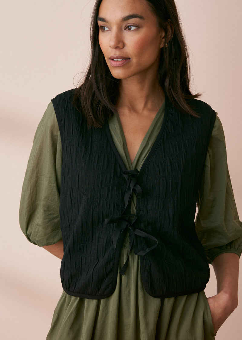 Black textured bow front gilet