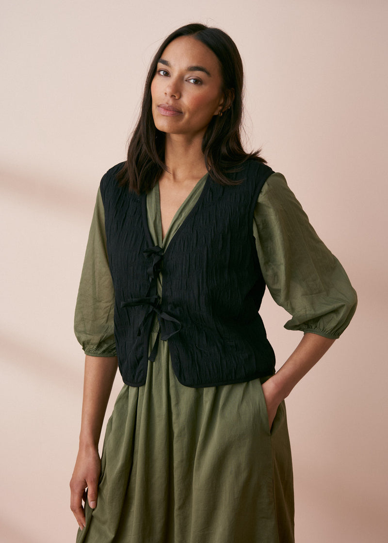 Black textured bow front gilet
