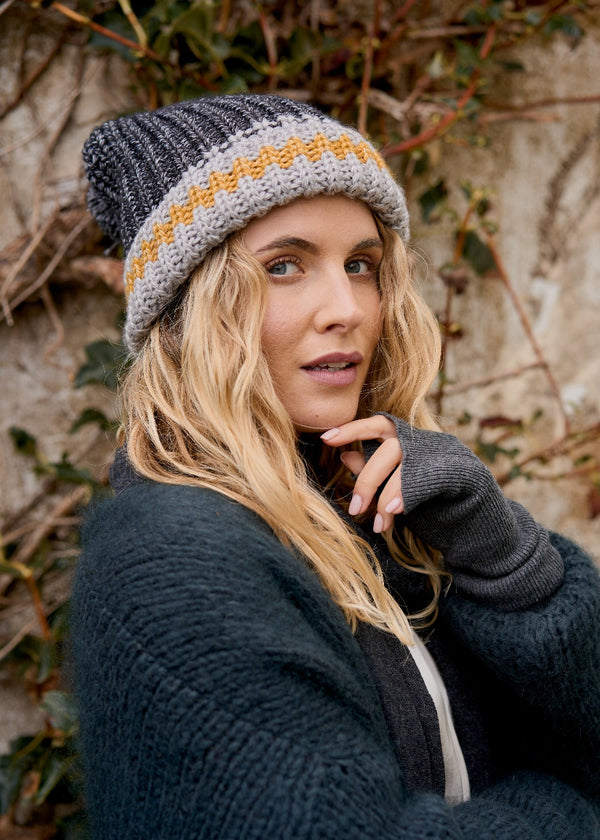Dark grey pompom chunky hat with yellow trim
