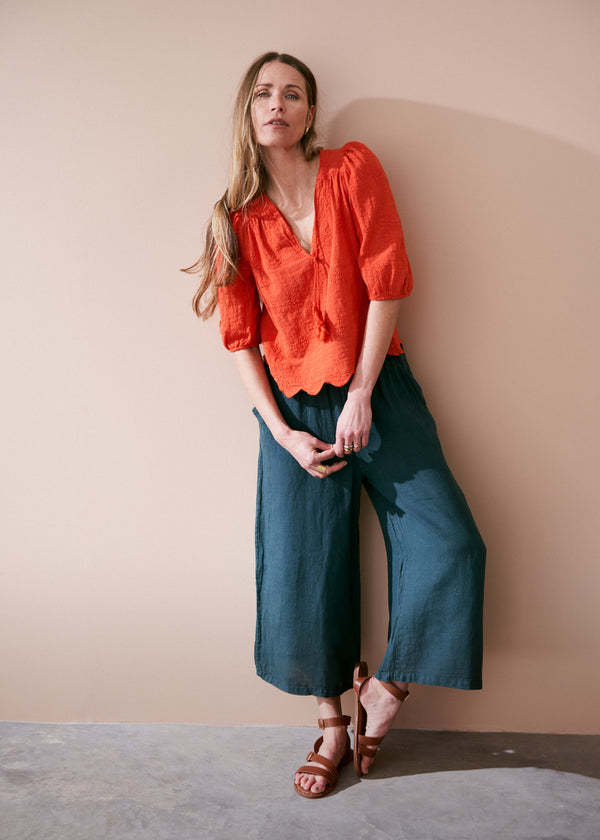 Red puff sleeve blouse with embroidered and scallop hem