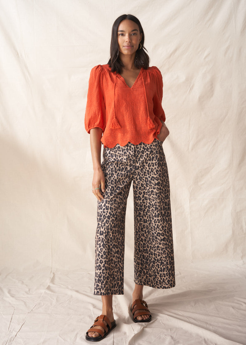 Red puff sleeve blouse with embroidered and scallop hem