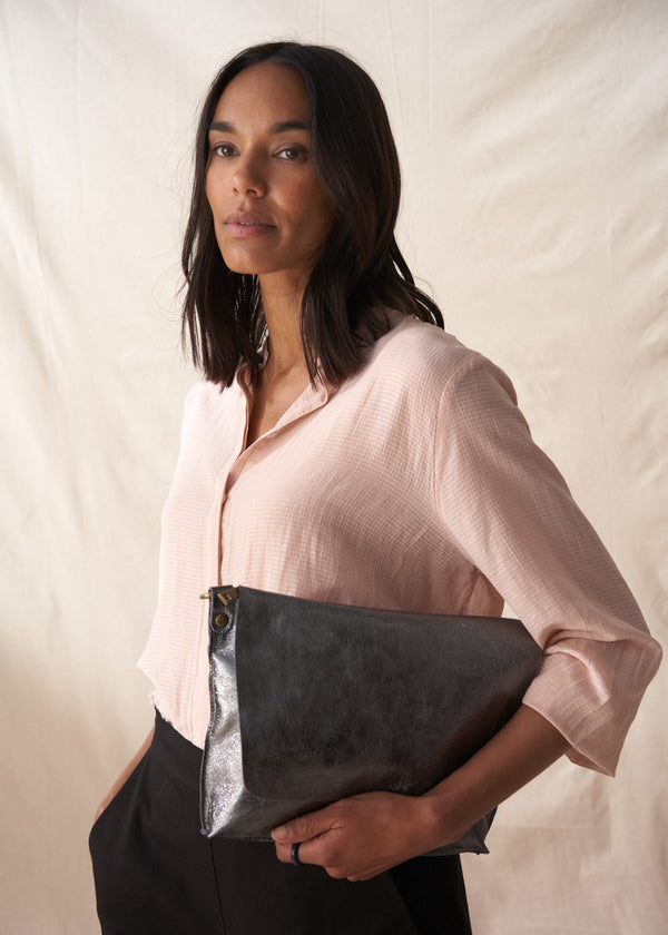 Dark grey metallic leather bag