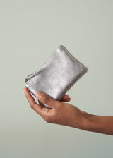 Hand holding a silver purse against a light green background