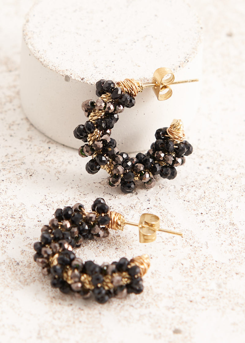 Black beaded hoop earrings