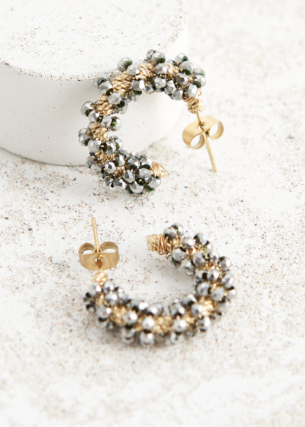 Grey and gold bead hoop earrings