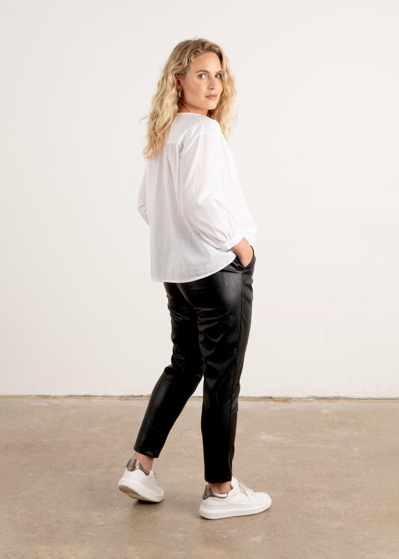 Black leather straight cut trousers