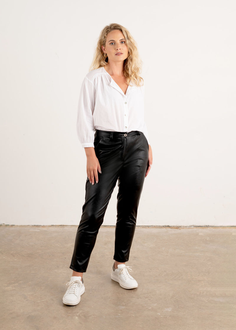 Black leather straight cut trousers