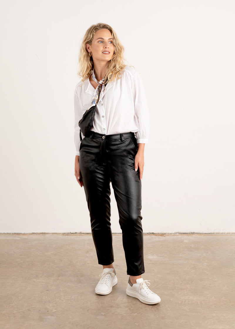 Black leather straight cut trousers