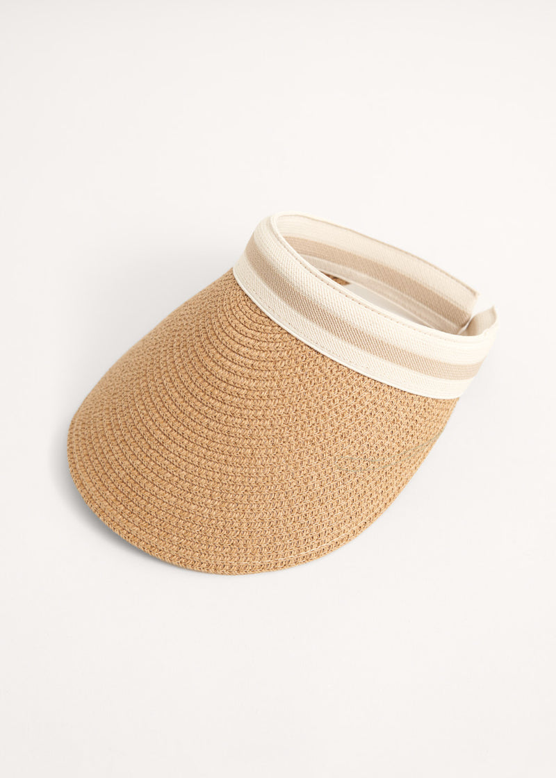 Light brown raffia visor with stripe headband