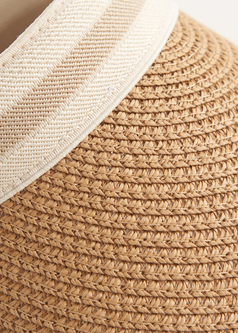 Light brown raffia visor with stripe headband